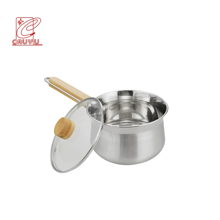201 stainless steel milk pot 16cm wooden handle customized logo restaurant cooking pot for kitchen