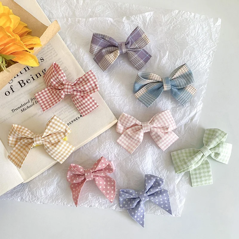 Fashion Kids Cute lace bow Hair Accessories check fabric metal duckbill clips Sweet lovely plaid hair bow clip