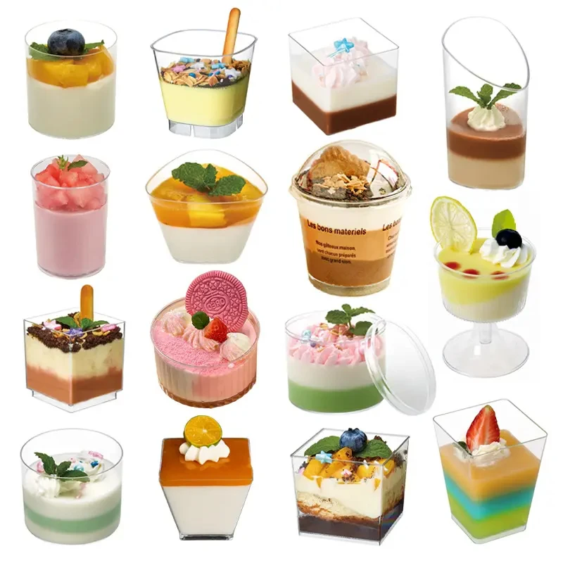 2 3 4 5oz PS PET Mini Disposable Plastic Square Cups For Party Ice Cream Yogurt Mousse Dessert Cup With Lid And Spoon