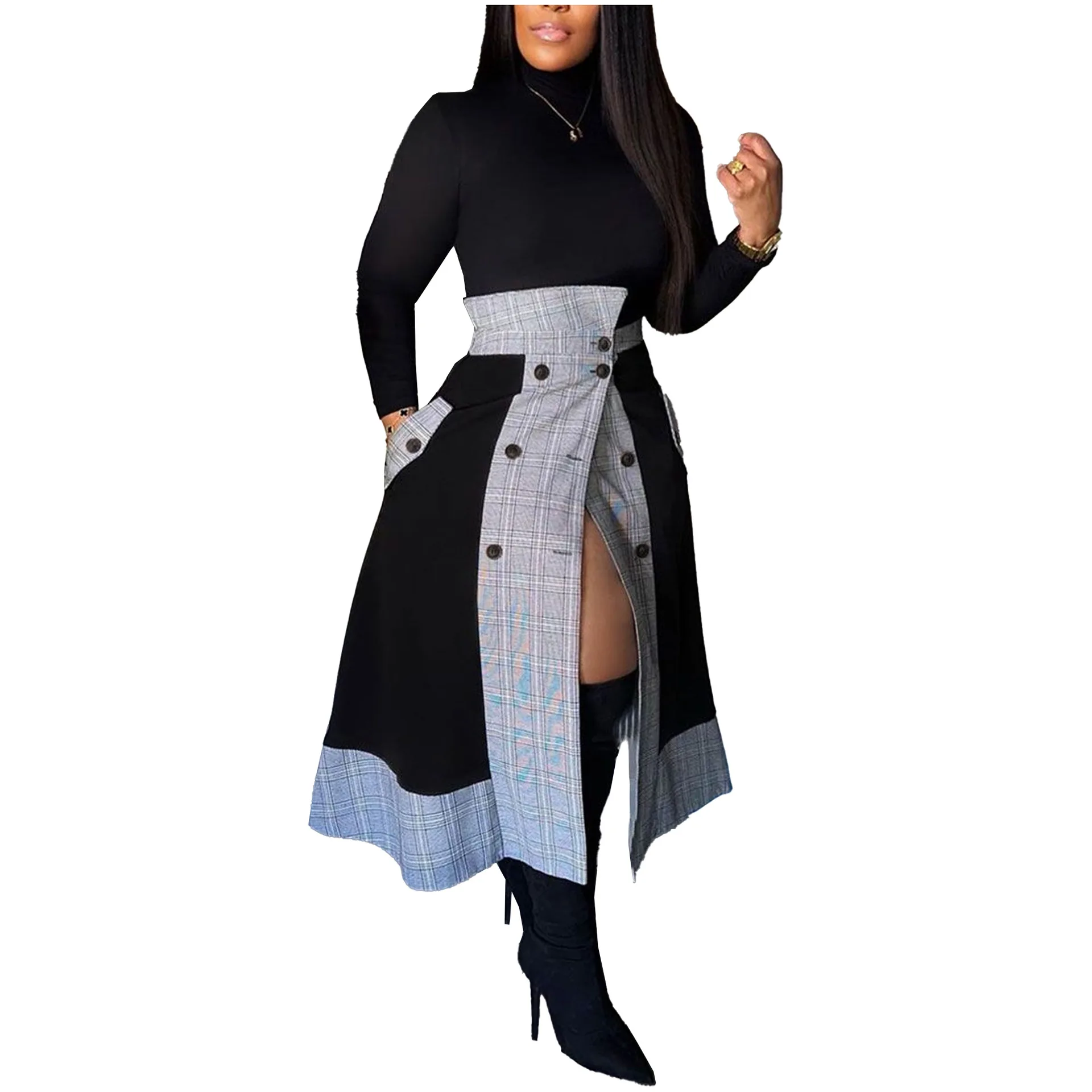 New style fashion long sleeve shirt+plaid split skirt sexy casual irregular 2 pieces sets elegant suits plus size women clothing