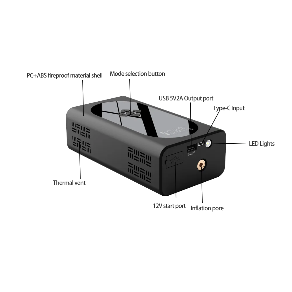 2000A Peak Current Car Jump Starter Powerbank with Tire Pump 12v Portable Jump Start with Air Compressor