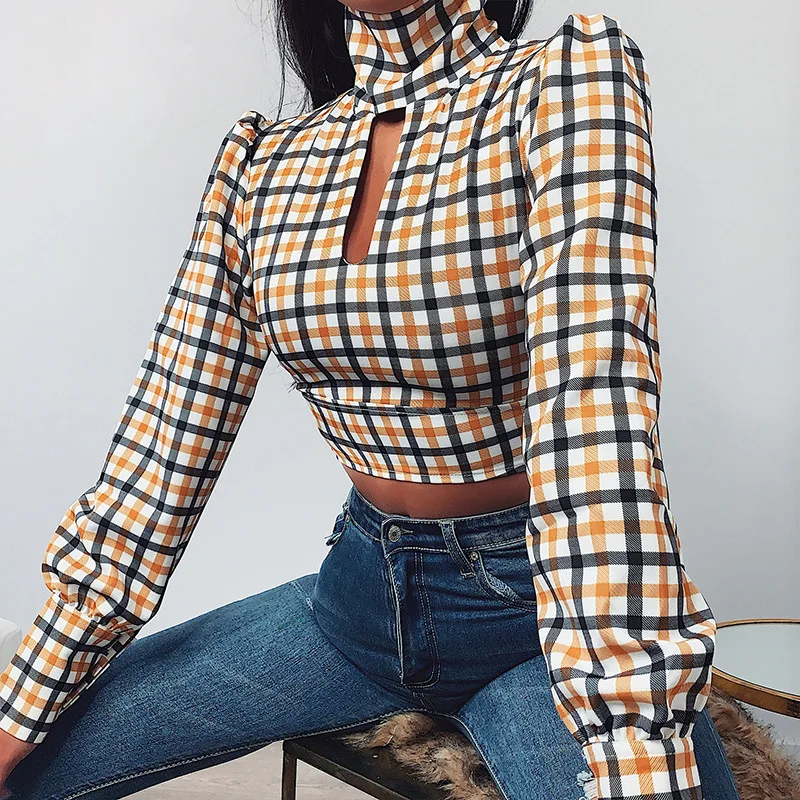 Womens Clothing Fashion Plaid Bandage Long Sleeve Shirt Women Slim Short Blouse