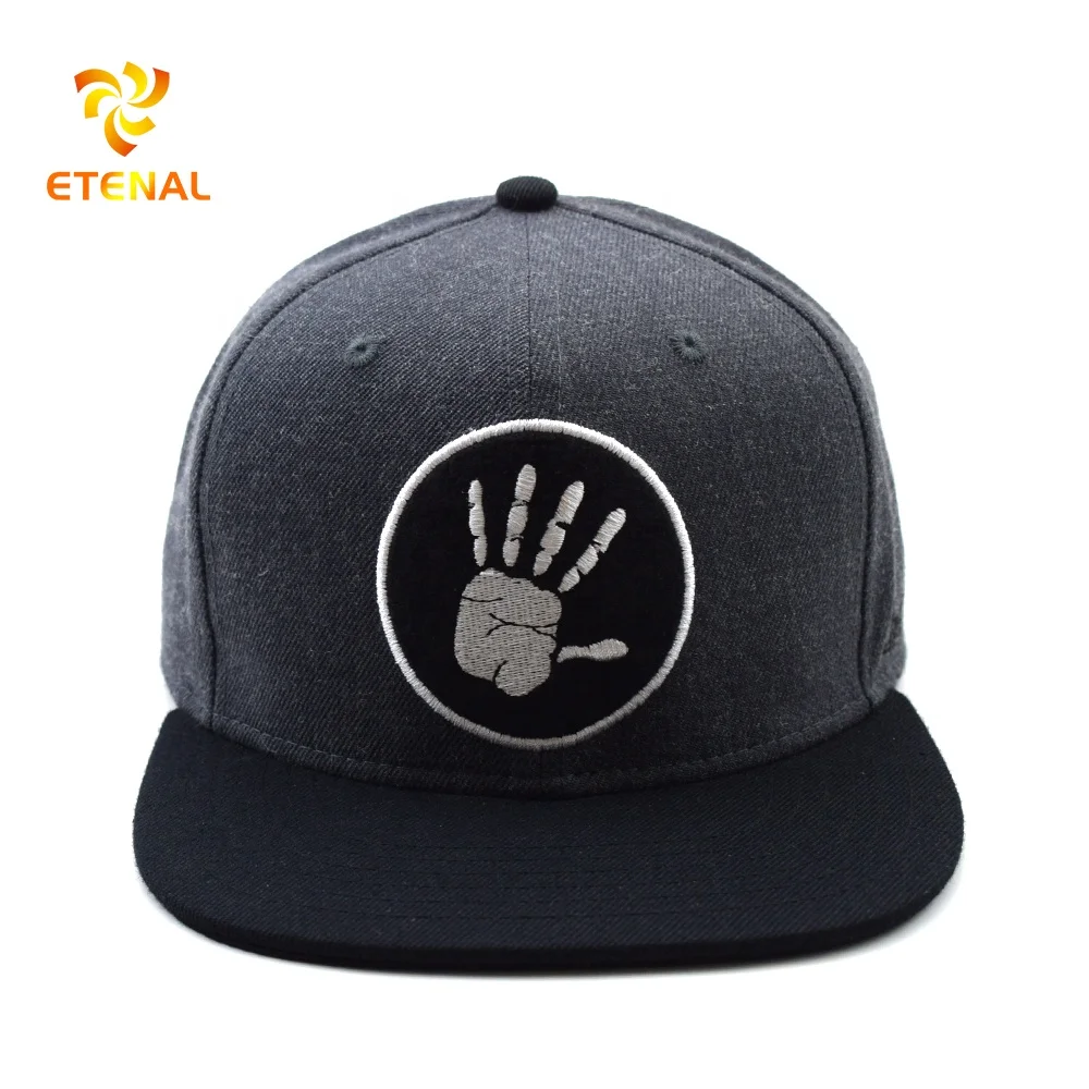 Grey Panel Black Brim Cap Custom 3d Embroidery Wool Snapback Caps Hats for Men