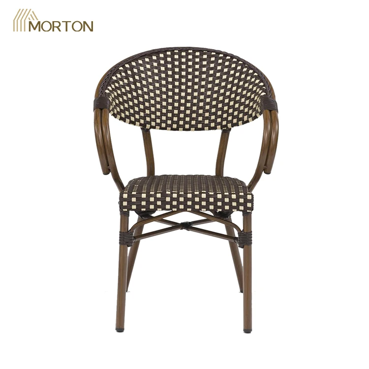 Classic French Cafe Chairs Arm Metal Wicker Rattan High Garden Chairs Outdoor Unique Restaurant Furniture