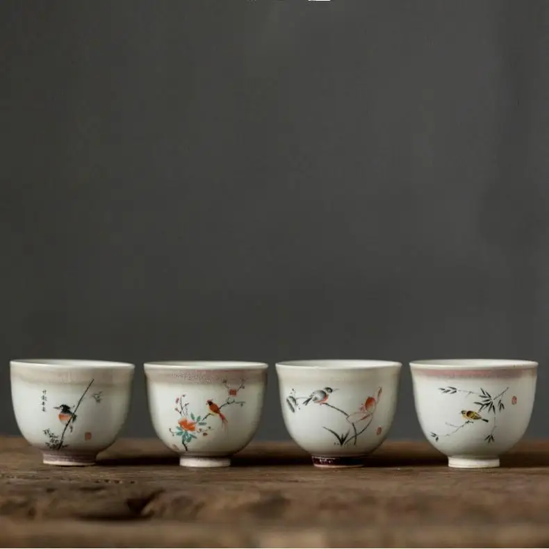 Hand-Painted Bird Pattern Ceramic Espresso Coffee Cup