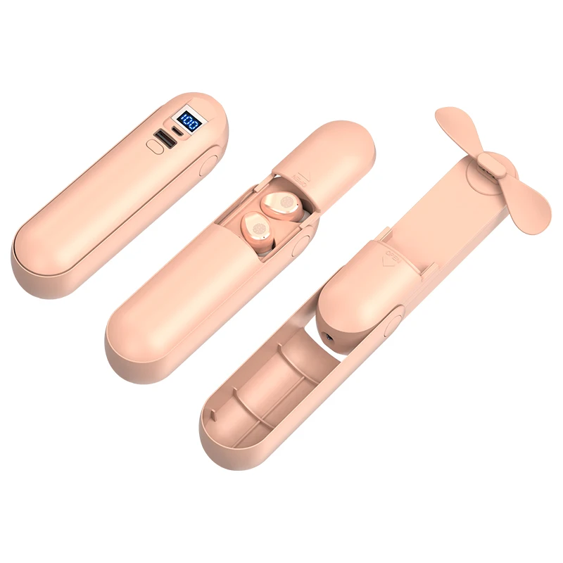 Tws19 Earbuds Wireless BT Touch Control Stereo Earphone with 2000mah Power Bank foldable pocket Mini Fan