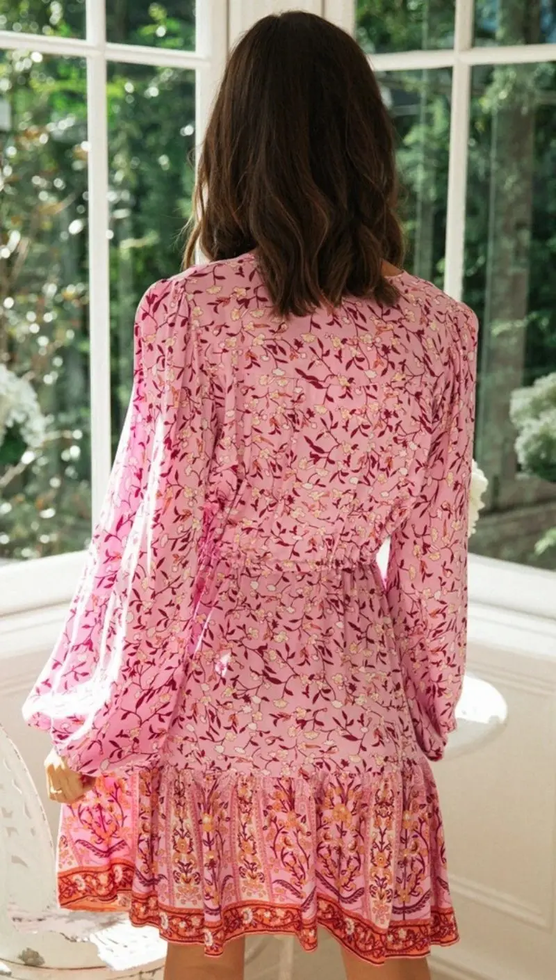 2022 Long Sleeve Print Dress V Neck Boho Dresses Beachwear Casual Women Clothing
