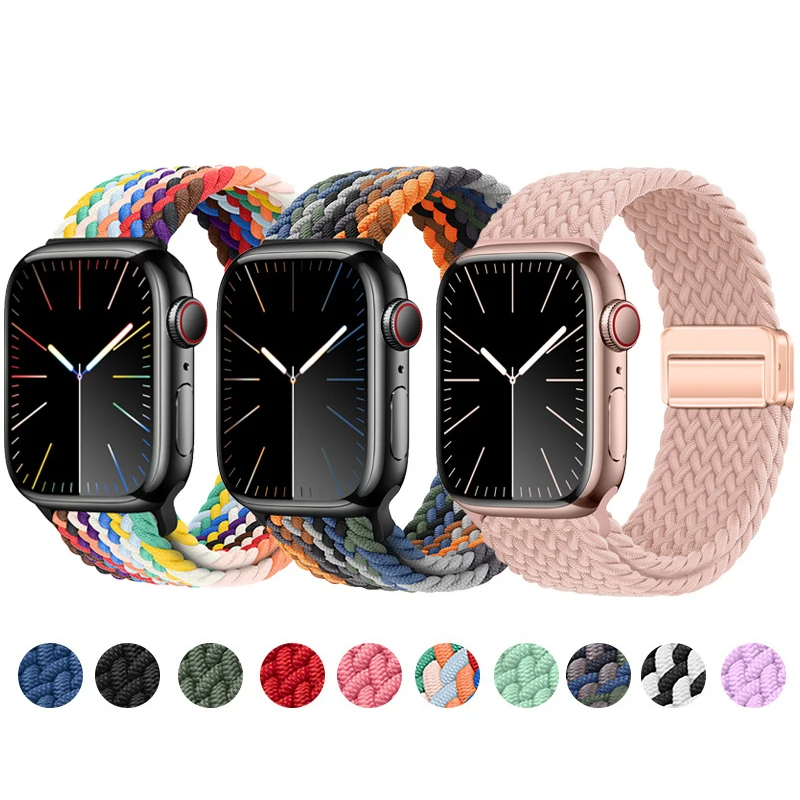 2024 New Magnetic Nylon Braided Loop Strap For Apple Watch Band Series 9 8 Elastic Bracelet iWatch 49mm Metal Buckle Band Women