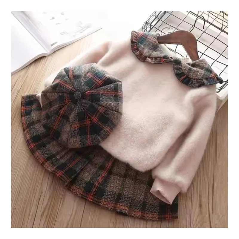 Ms-4 Toddler Baby Girls Dresses Designs Sweatshirt+Skirt+Caps Girls Clothing Sets Wholesale Winter Clothes for Kids Girls