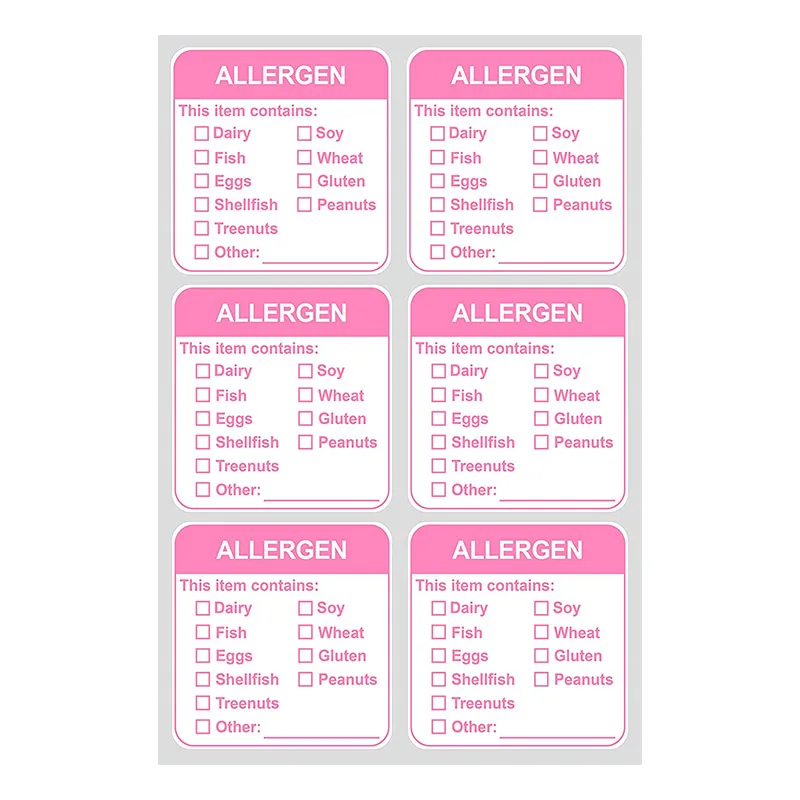 Custom Printing Square Pink Adhesive Allergy Label Food Allergen Warning Stickers for Party Restaurants