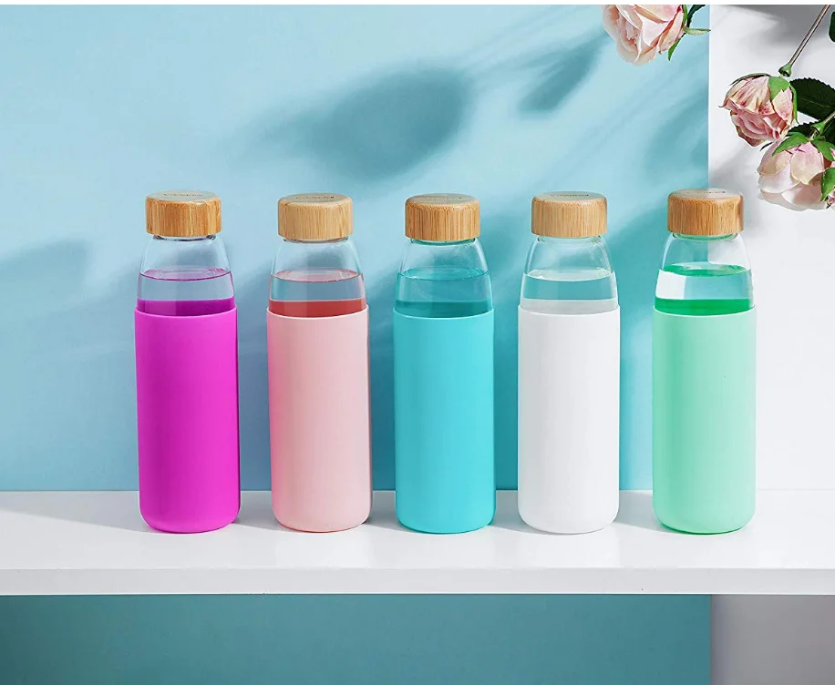 500 мл, без БФА, можно мыть в посудомоечной машине, бутылка для воды из боросиликатного стекла с защитным силиконовым рукавом и бамбуковой крышкой