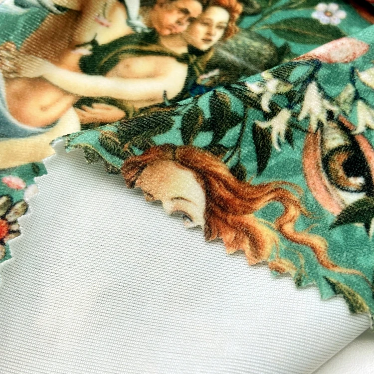Green velour 95% polyester 5% spandex warp knitted floral digital printed korean velvet fabric for dress clothing