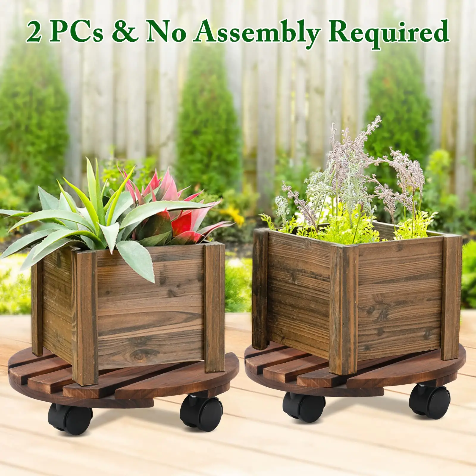 Plant Caddy with Lockable Wheels, Rolling Plant Stand 12 Inch Wooden, Plant Roller Base 150 lb Heavy Duty, 2 Packs Plant Dolly