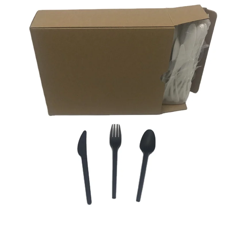 CPLA 6' inch 16cm knife fork spoon cutlery set black white color custom disposable biodegradable eco-friendly cutlery