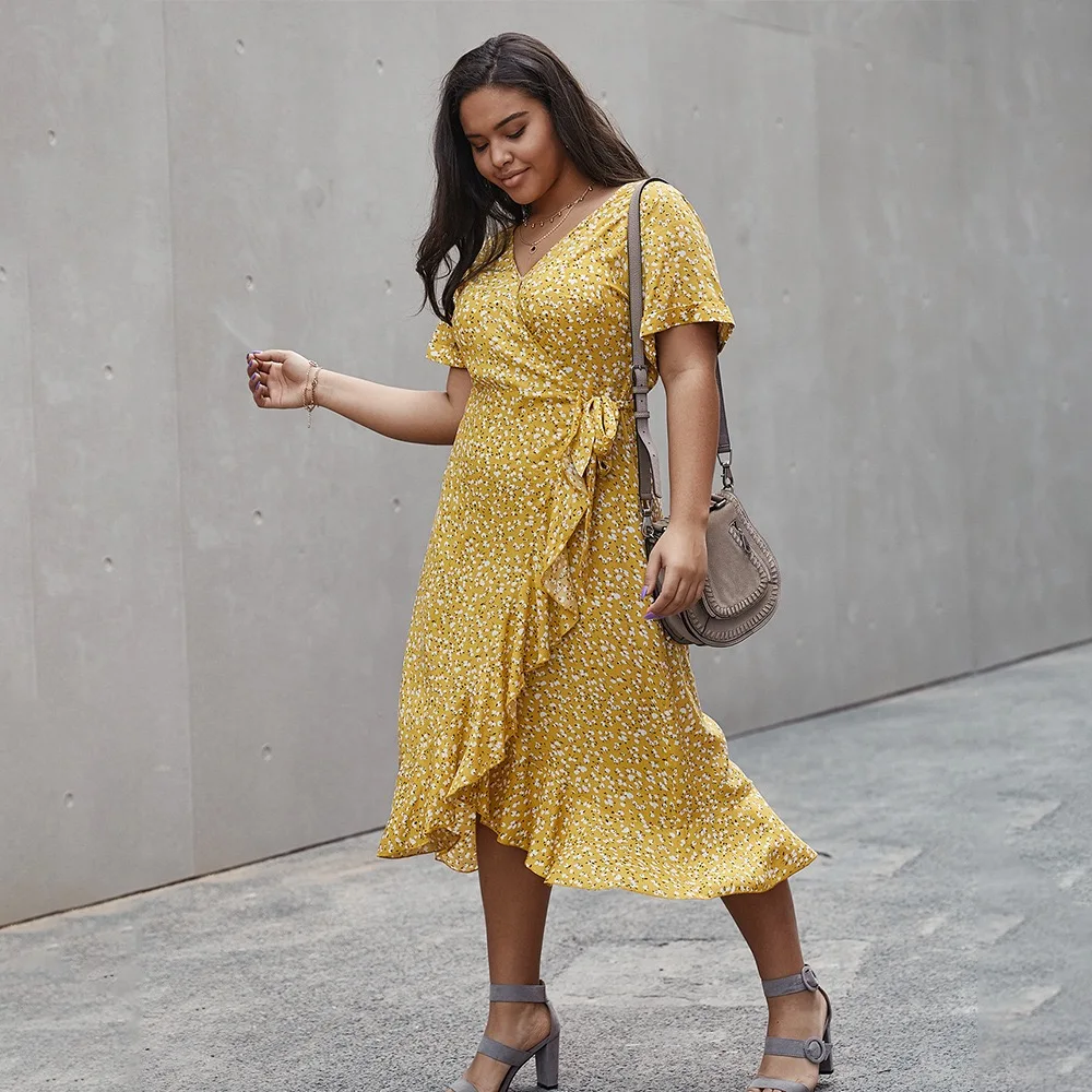 
2020 Summer Dresses Plus Size Ruffled Small Floral Casual Long Dresses 