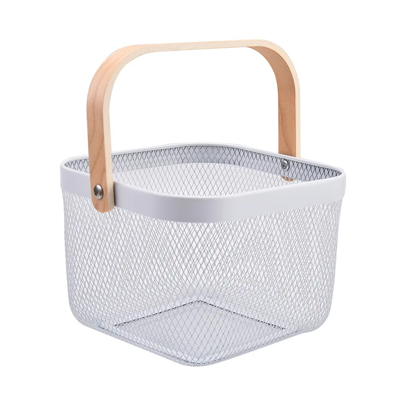 Household wholesale multi-functional  square wire with wood handle storage basket