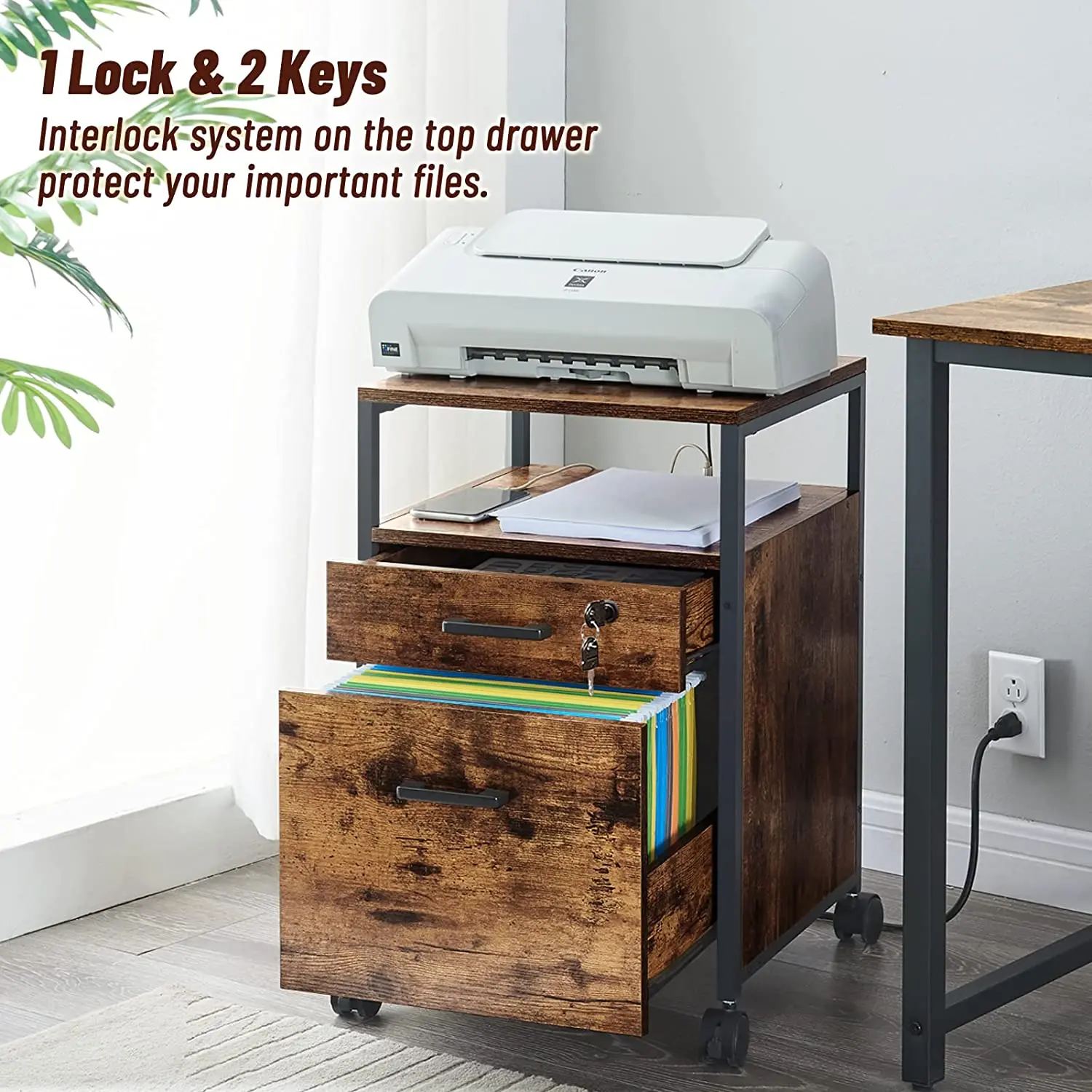 A4/Letter Size Files 2 Drawers Rolling Filing Metal and Wood Office Cabinets with Wheels Open Shelf Lock Charging Station