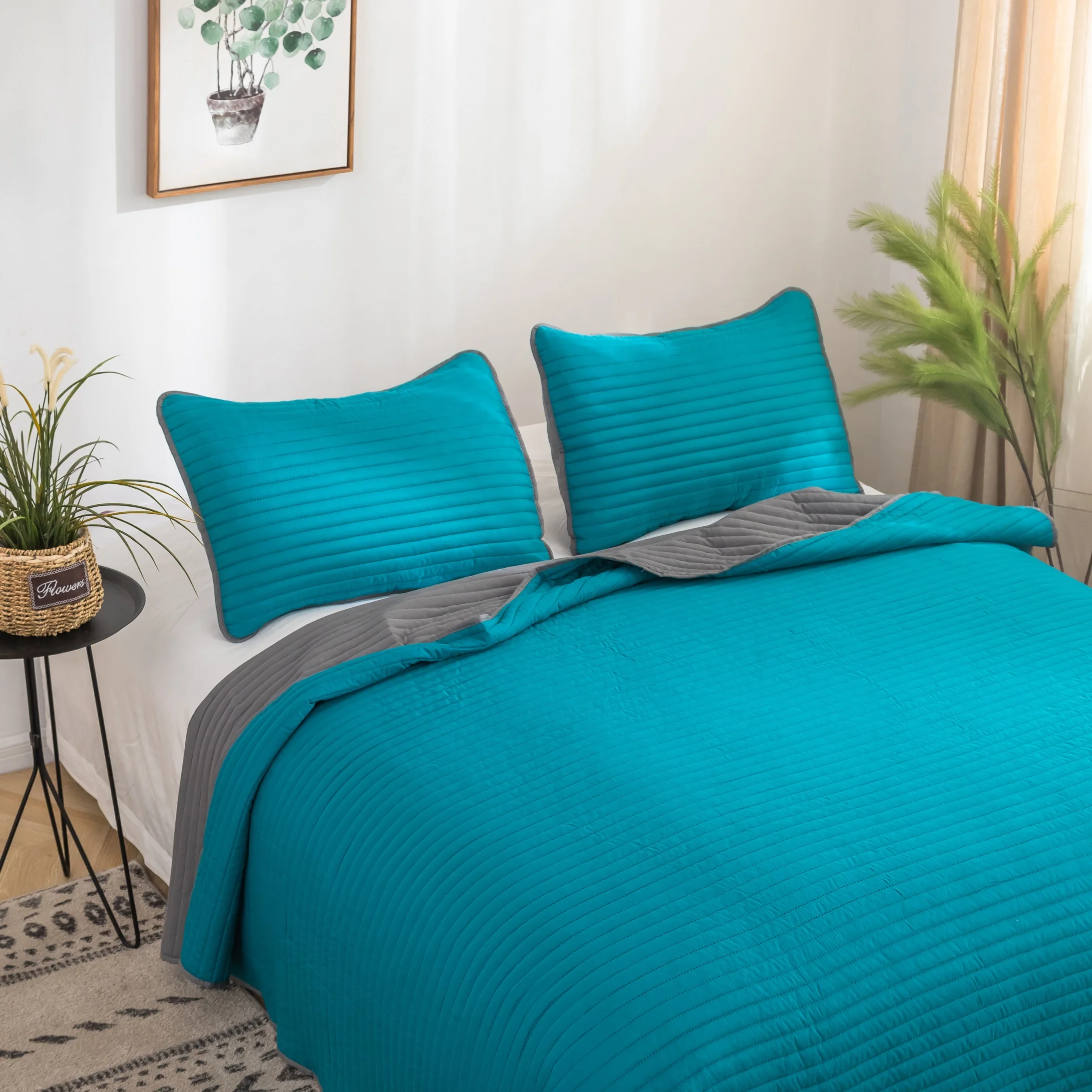 
MOHAP High Quality Blue Color Solid Embossed Microfiber Quilt Set Dyed Bedspread Set 