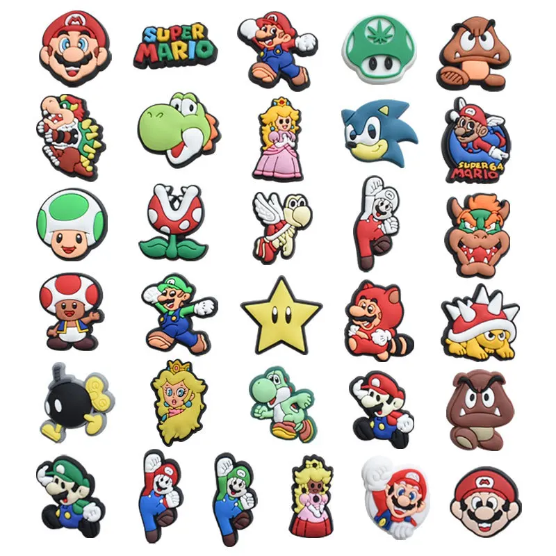 2D Anime Cartoon Cute Cool Mario Luigi Yoshi Peach Princess DIY Soft PVC Charms Decoration Shoes Bags Clog Charms Accessories