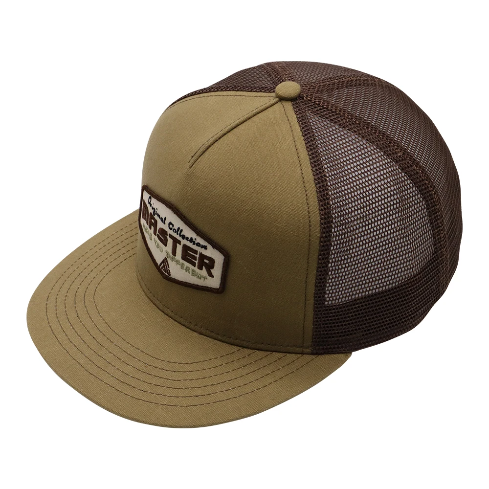 Custom 5 Panel flat bill snapback mesh cap with embroidery label patch logo