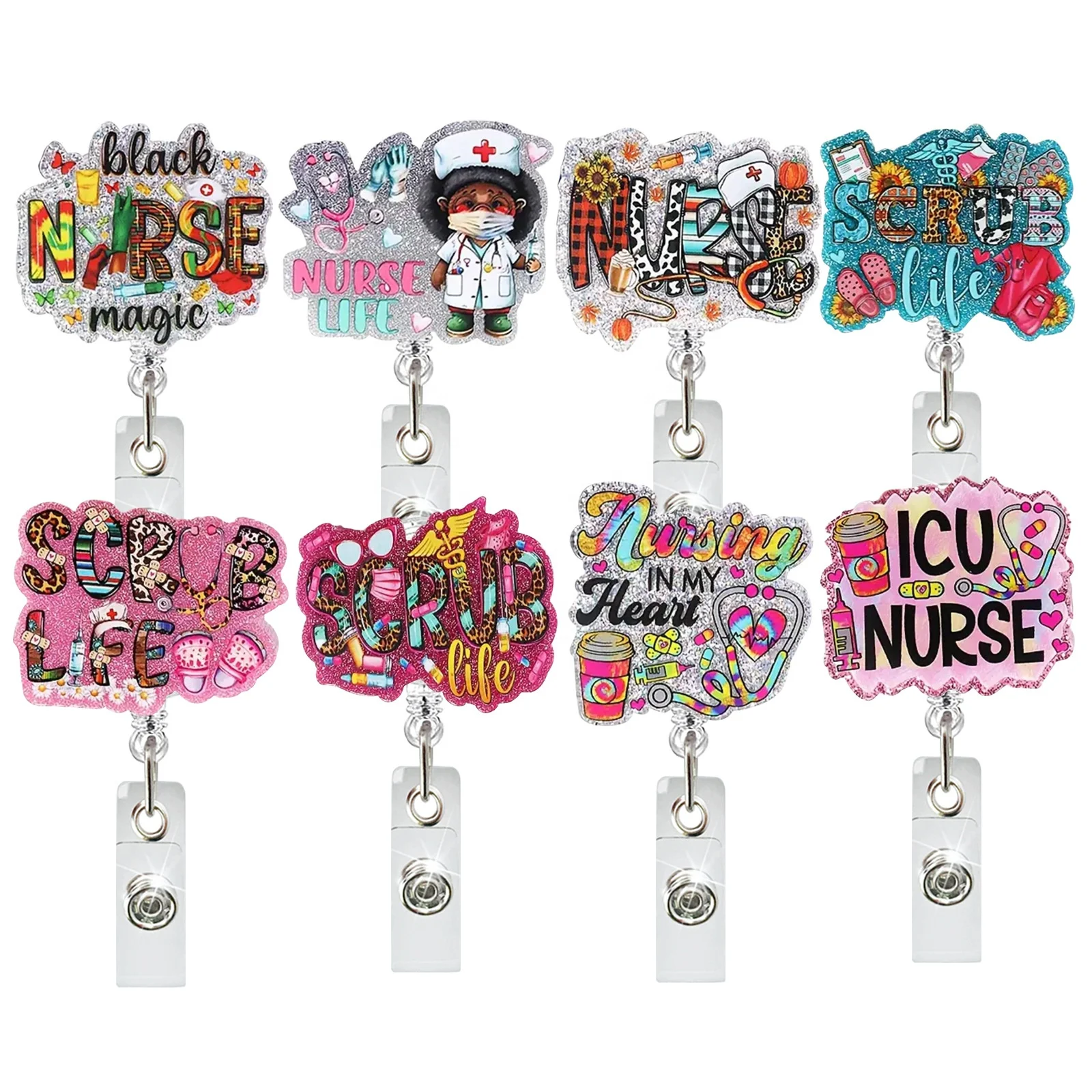 Scrub Life Glitter Nurse  Badge Holder Medical Series Nursing Student Acrylic Badge Reel Nurse Gifts Items