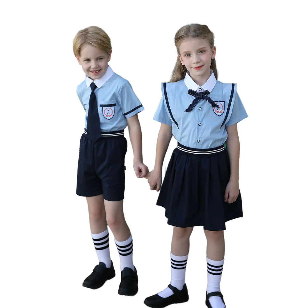 Navy Blue Primary Kindergarten Summer School Uniforms Cotton Polyester Stylish Shirt Design Boys Spring Graduation Uniform Sets