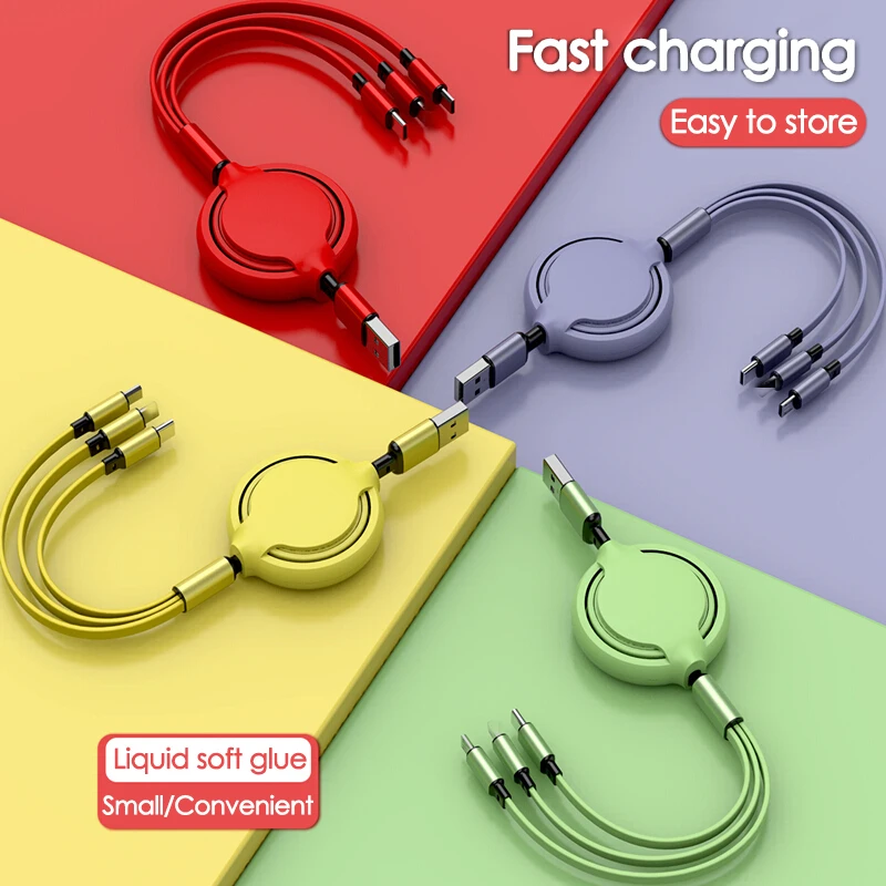 Christmas Gift Colorful Retractable 3 In 1 Usb Charging Cable Universal Multi Function 3 In 1 Usb Cable Fast Charging