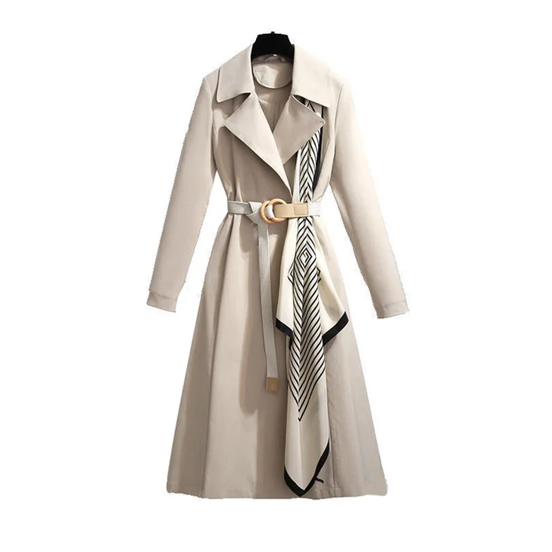 OEM Custom New Style Plus Size Trend Double Breasted Solid color Mid-Long Jacket With Belt Waist Slimming Women Trench Coat
