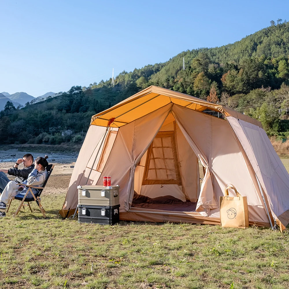 Cotton Canvas Large Family 4-Season Waterproof Beige Color Bell Tent Hunting Wall Tent with Roof Stove Jack Hole