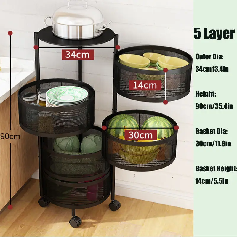 NISEVEN Best Price Multi Layer Kitchen Storage Racks 360 Rotating Vegetable Basket Floor Standing Storage Rack with Mesh Basket