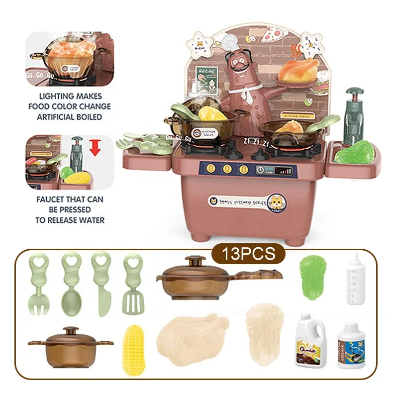 Pretend Play Simulation Plastic Cooking Table Chef Little Kitchen Set Toys with Light Music