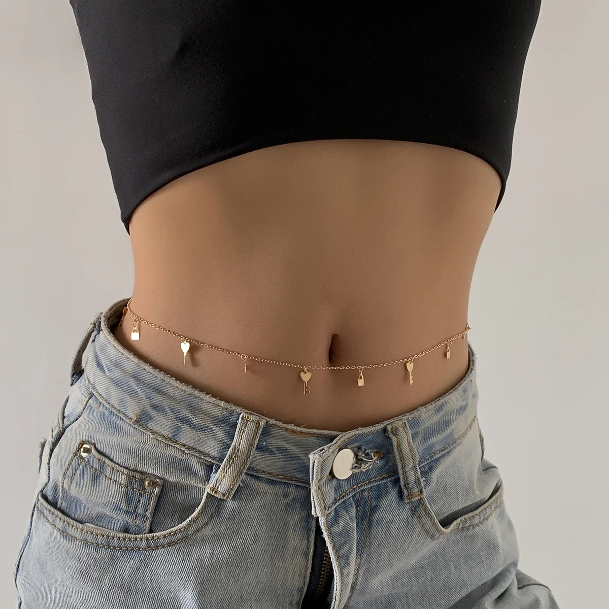 SHIXIN Bikini Lock Key Padlock Pendant Waist Chain Dainty Keychain Beaded Belly Gold Silver Women Body