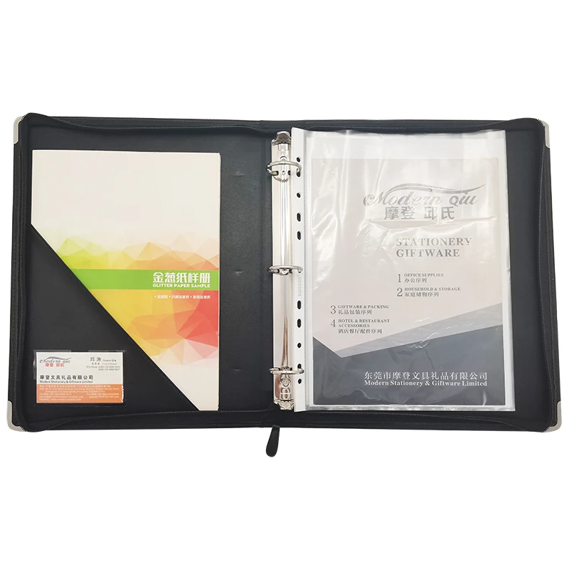 Modernqiu A4 File Folder with Zipper PU Leather 3 Binder Card Holder Document Portfolio-Modern Filing Products