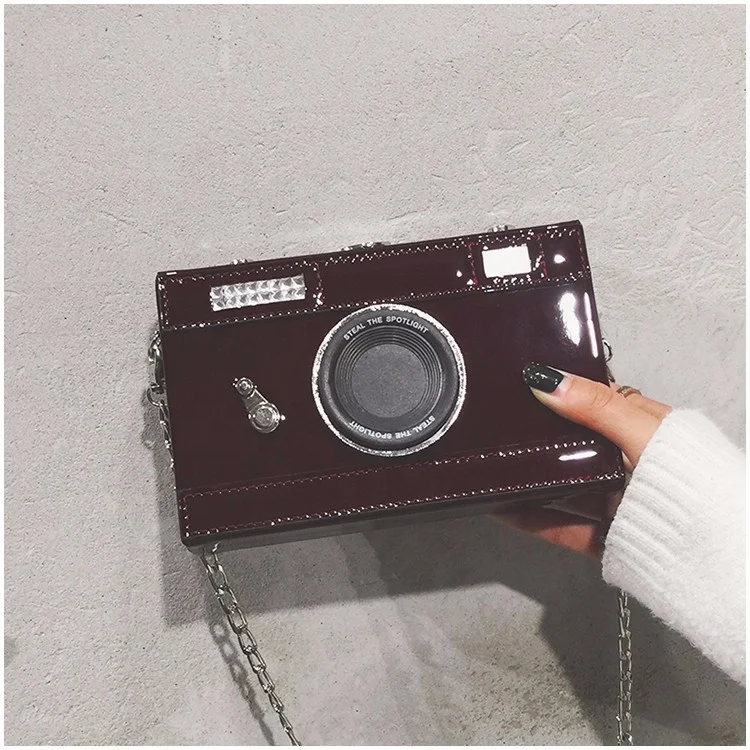 Fashion Personality Camera Removable Silver Chain Strap Zipper Mirror Leather Sling Mini Messenger Cross Body Clutch Bags