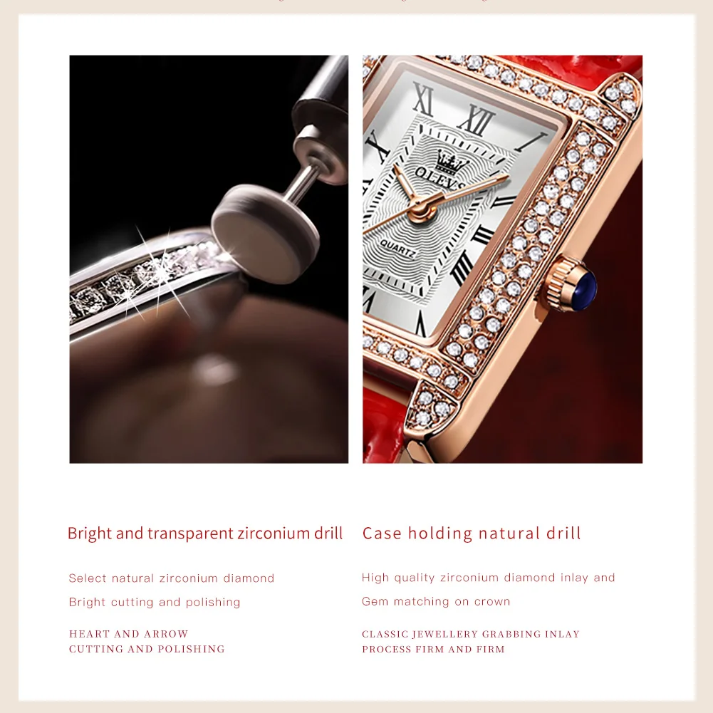 OLEVS 9935 Luxury Watches Women Square Rose Gold Wrist Watches Red Leather Fashion Watches Female Ladies Quartz Clock Gifts