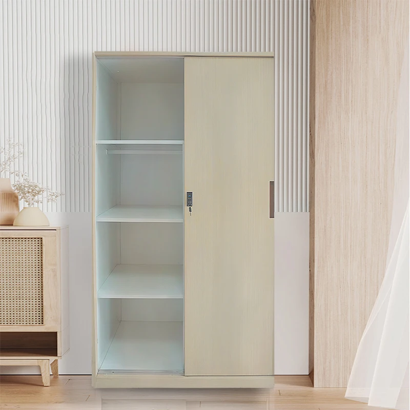 Fair price metal wardrobe 2 doors metal wardrobe with sliding doors  wooden finish metal sheet wardrobe in stock