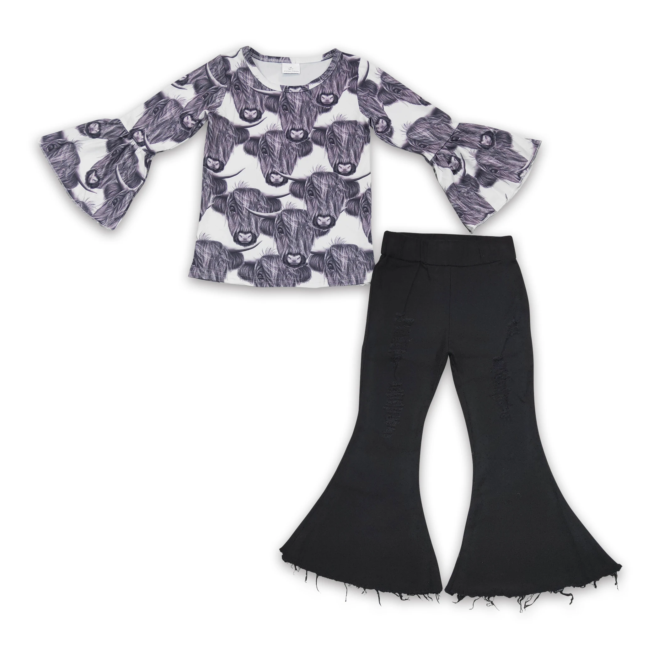Alpine cattle print long sleeves top match black elastic bell-bottoms fall set girls boutique clothes