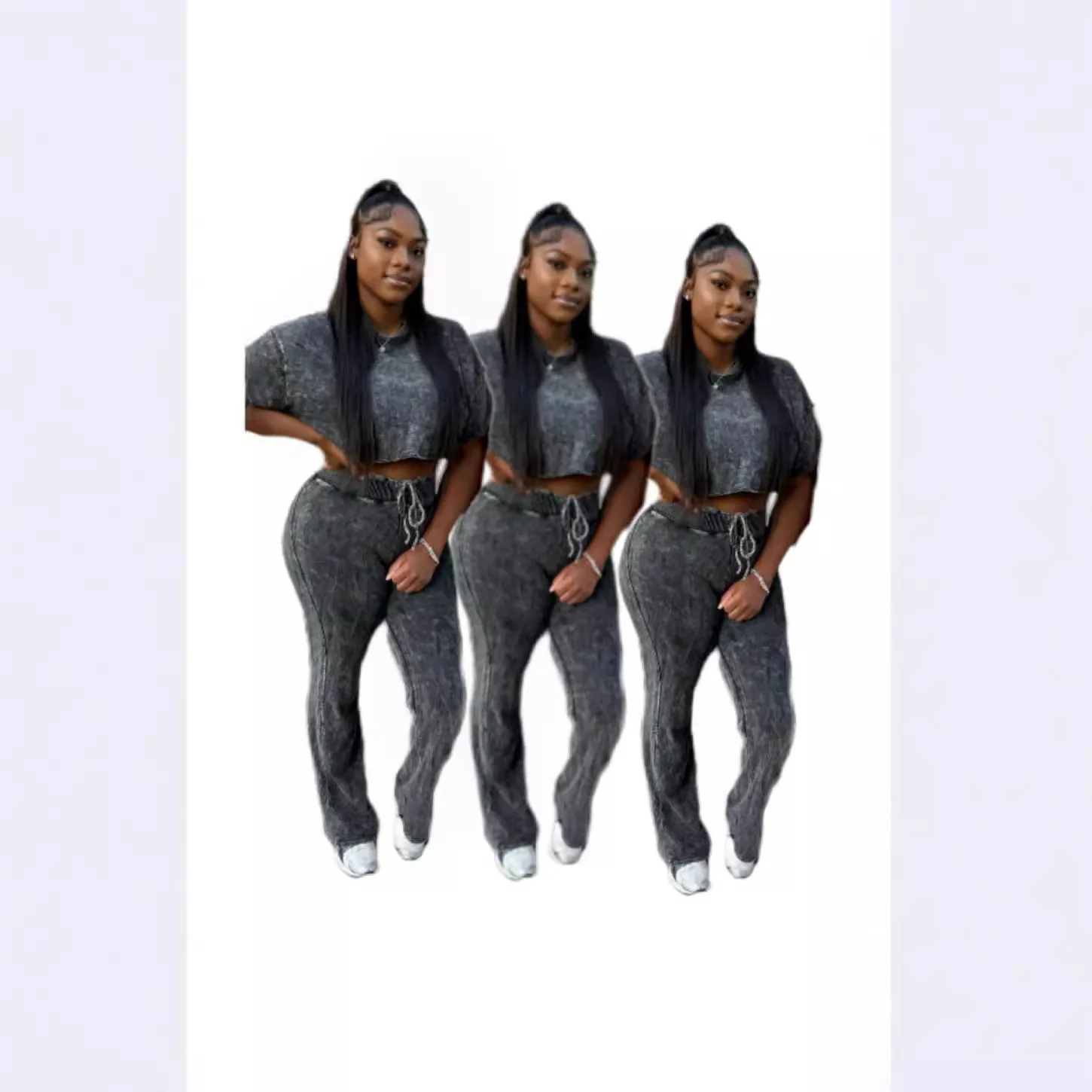 OJW6285C 2024 autumn women vintage Loose casual short-sleeved sweatshirt + drawstring wide-leg pants two-piece set