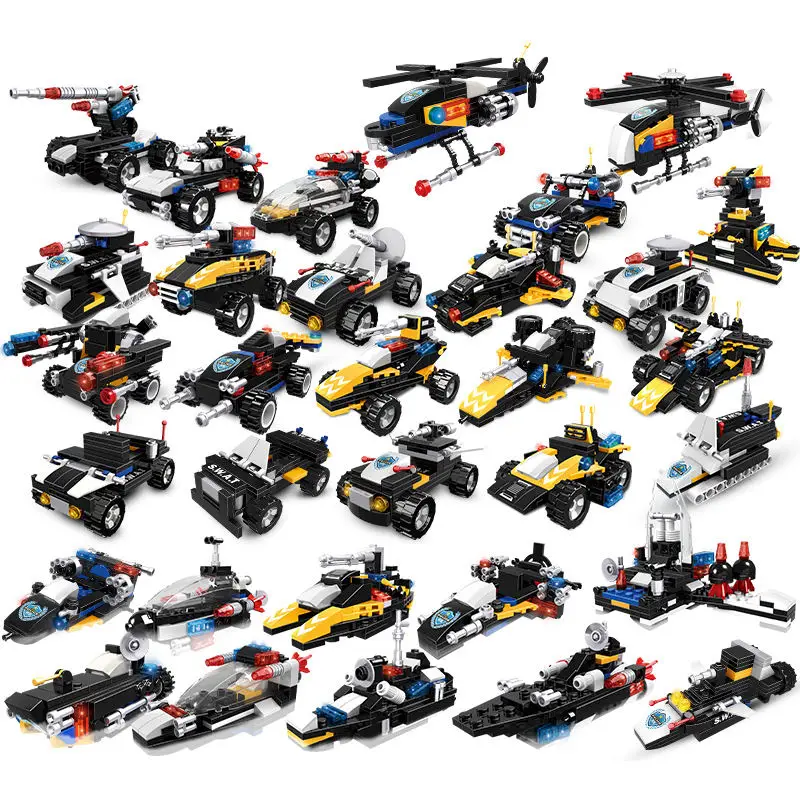 SWAT Team Building Block Toys Sets Micro Brick DIY Helicopter Model 3D Puzzle City Police Military Vehicle Assembly Toys