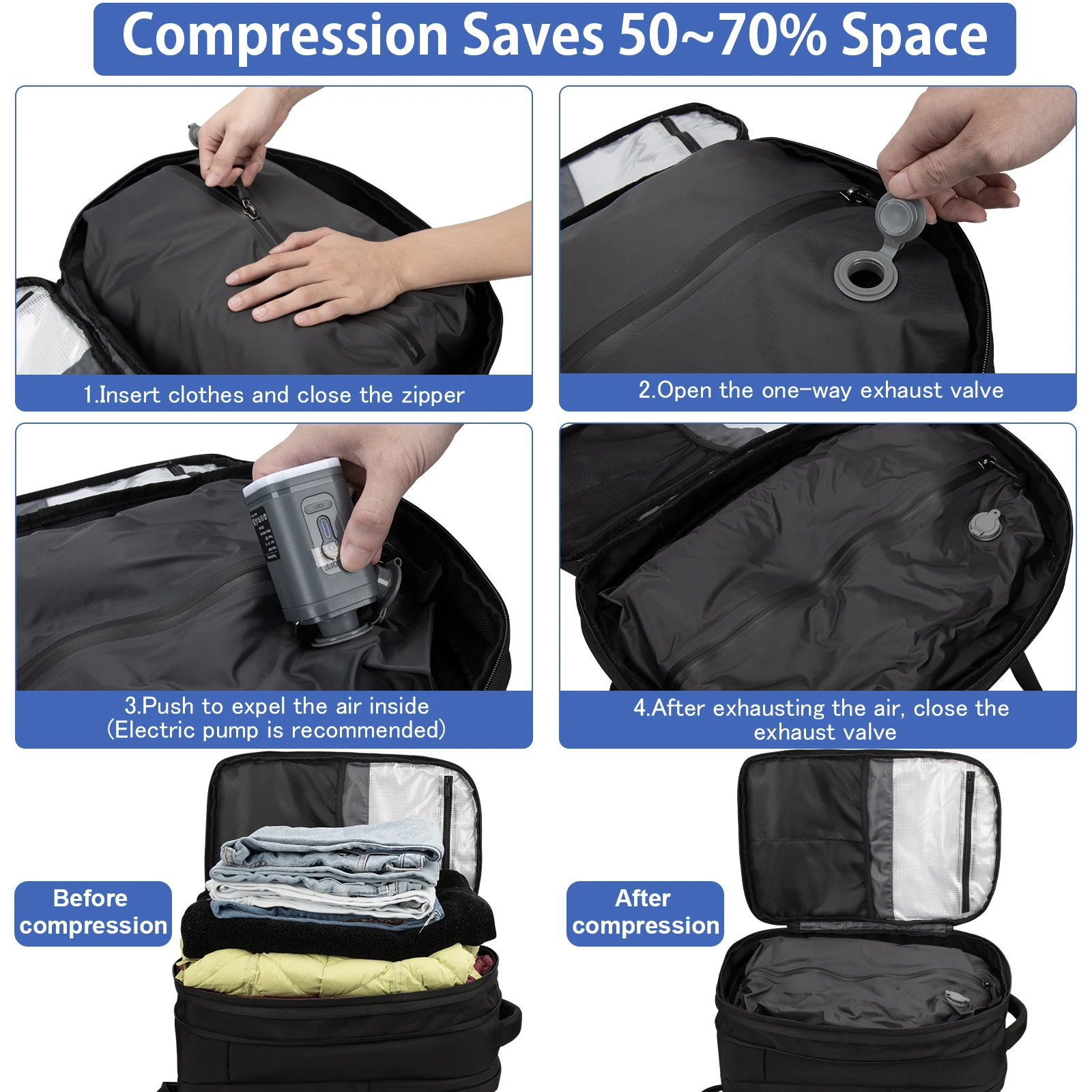Waterproof Custom Logo Expandable Business Bagpack Laptop Compressor Air Travel Bag Large Capacity Compression Vacuum Backpack