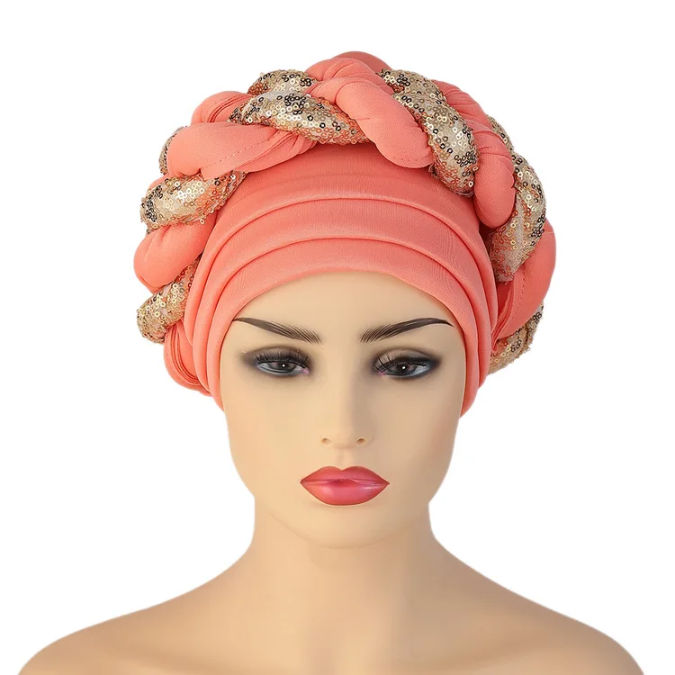 GEERDENG Hot Sales African Nigerian Female Popular Golden Head Wrap Beads Hat Muslim Women Satin Silk Twist Braid Hair Turban