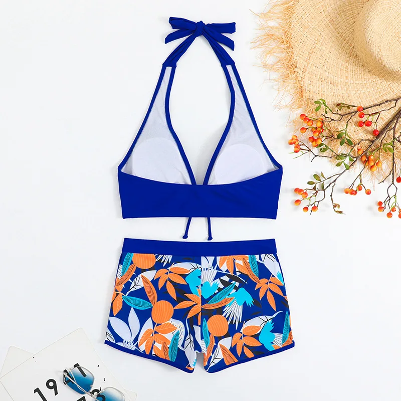 Feimale Fitness Sports Bikini 3 Piece Set Bra Boyleg Shorts Vintage Printed Beachwear Women Sexy Swimsuit Wholesale Swimwear