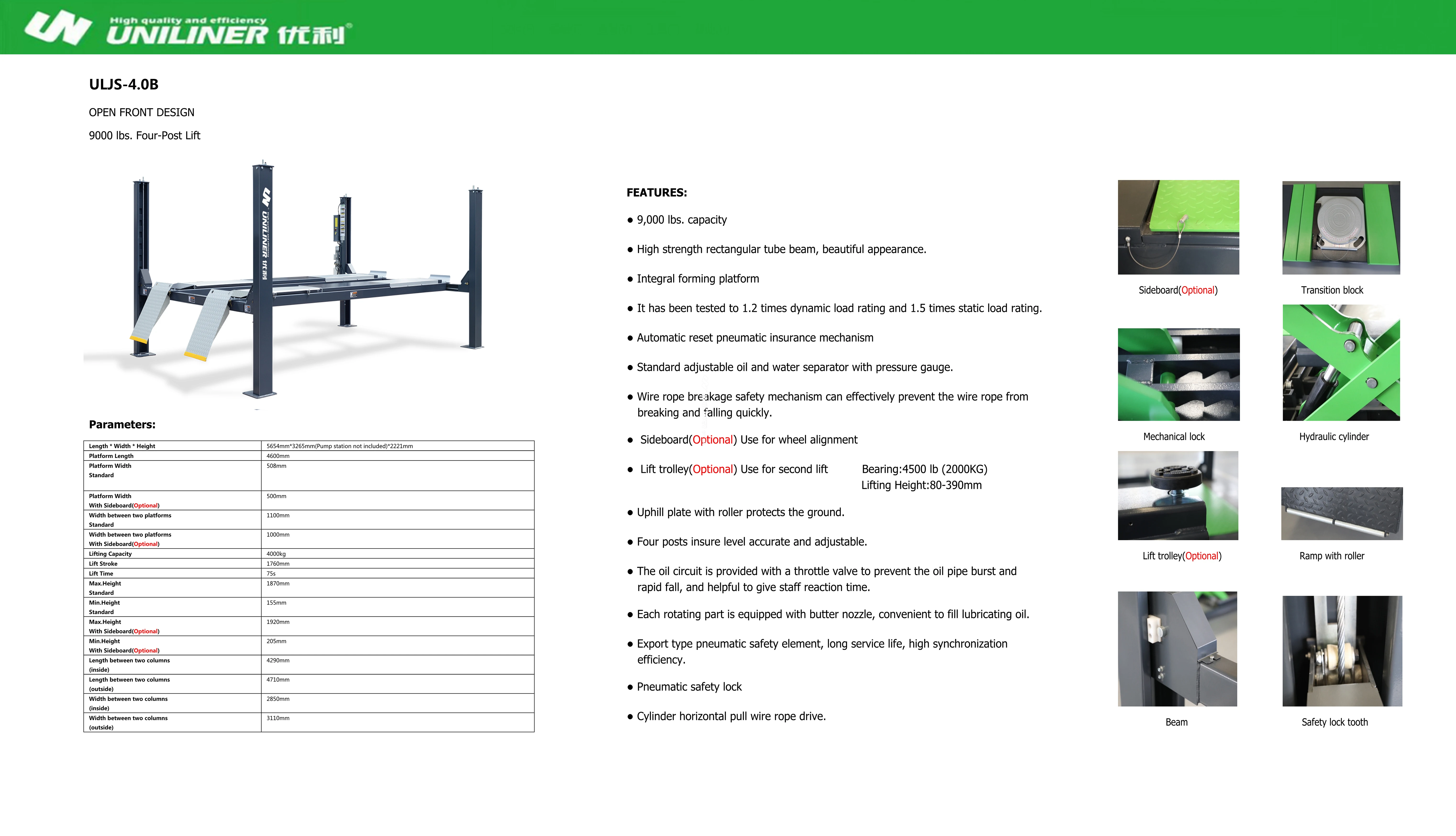 uniliner elevator auto ULJS-4.0B 4 POST LIFT auto lift car lifts vehicle equipment mechanic shop equipment mechanical tools