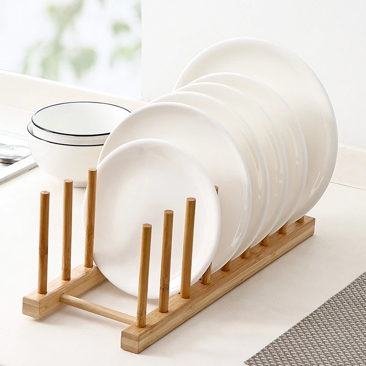 SANIPRO Supermarket Durable Bamboo FreeStanding Cup Drying Holder Dish Drainer Wooden Kitchen Utensil Plate Storage Racks