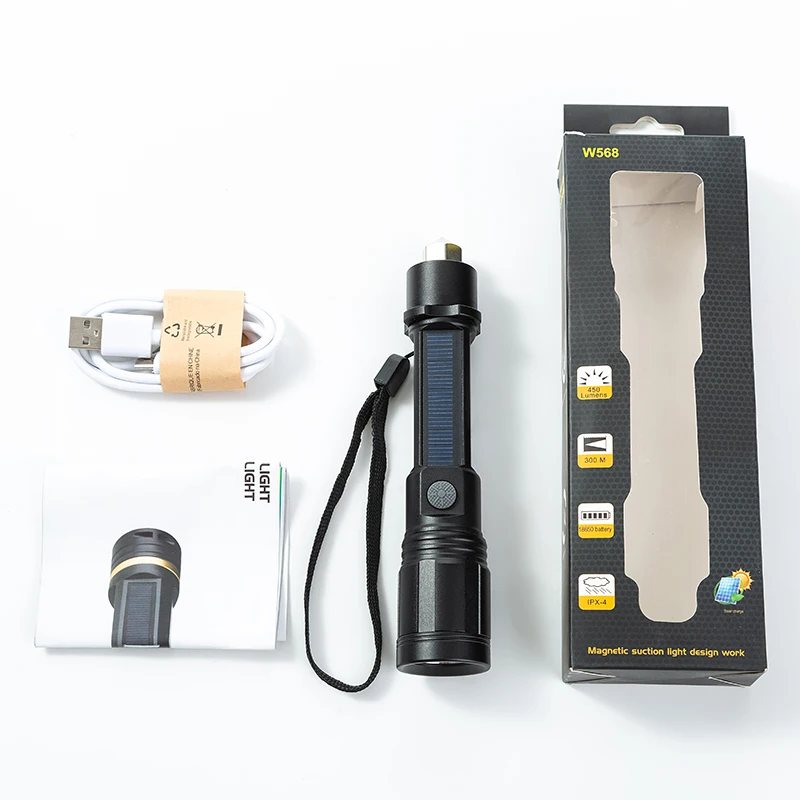 Solar Charge Flashlight Multi-functional Strong Light Torches Emergency Hammer LED Flashlight