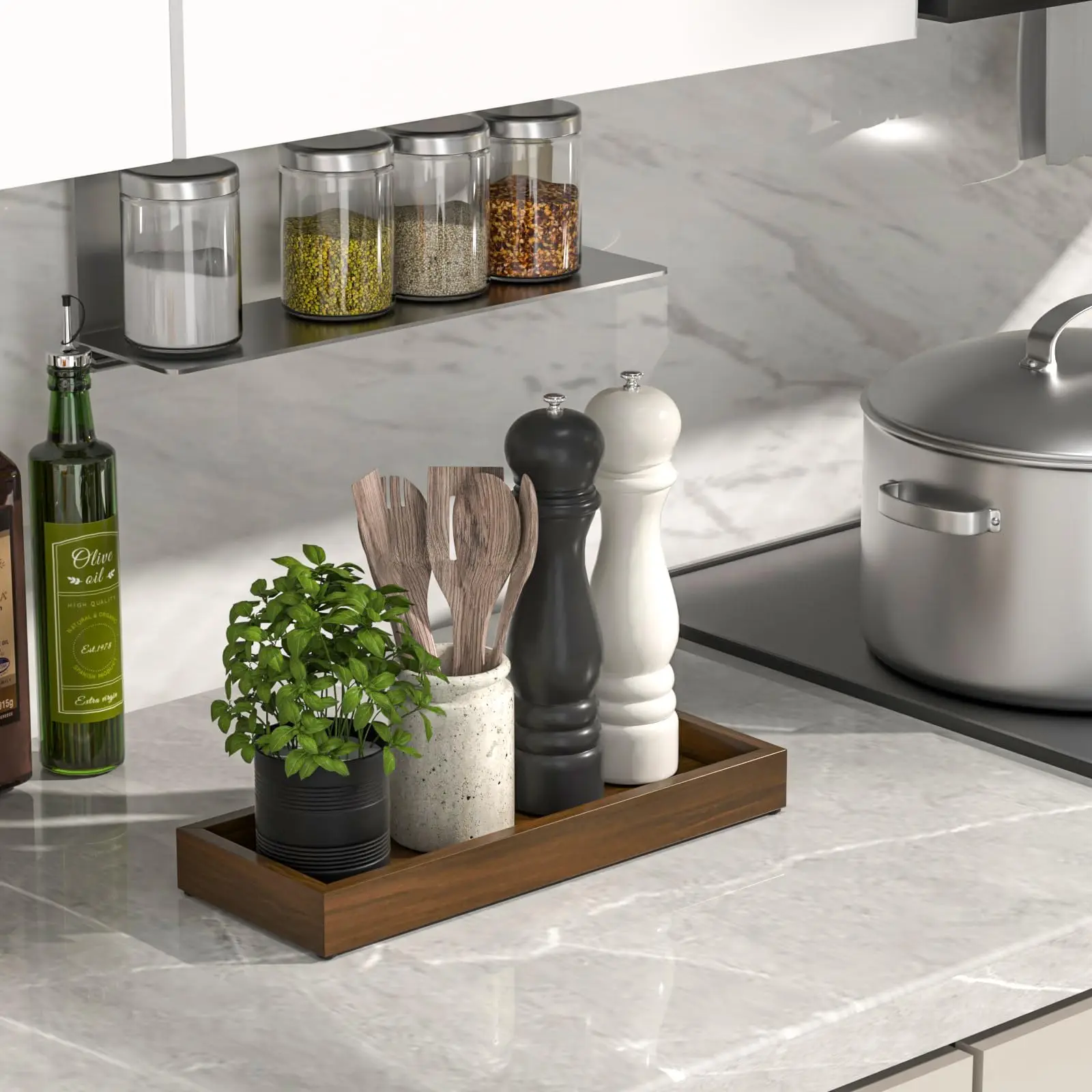 Handmade 11.2-Inch Rectangular Walnut Wood Tray Small Kitchen Countertop Organizer Soap Tray Farmhouse Decorative Storage Wooden