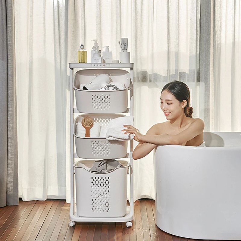 Multifunction Bathroom Laundry Cart Basket Plastic 44*33*79 2 Tier Laundry Basket On