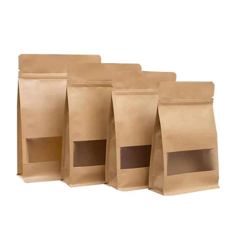 Good Price White Brown Thank You Logo Portable Kraft Paper Greaseproof Flat Bottom Bag with Clear Window and Zipper