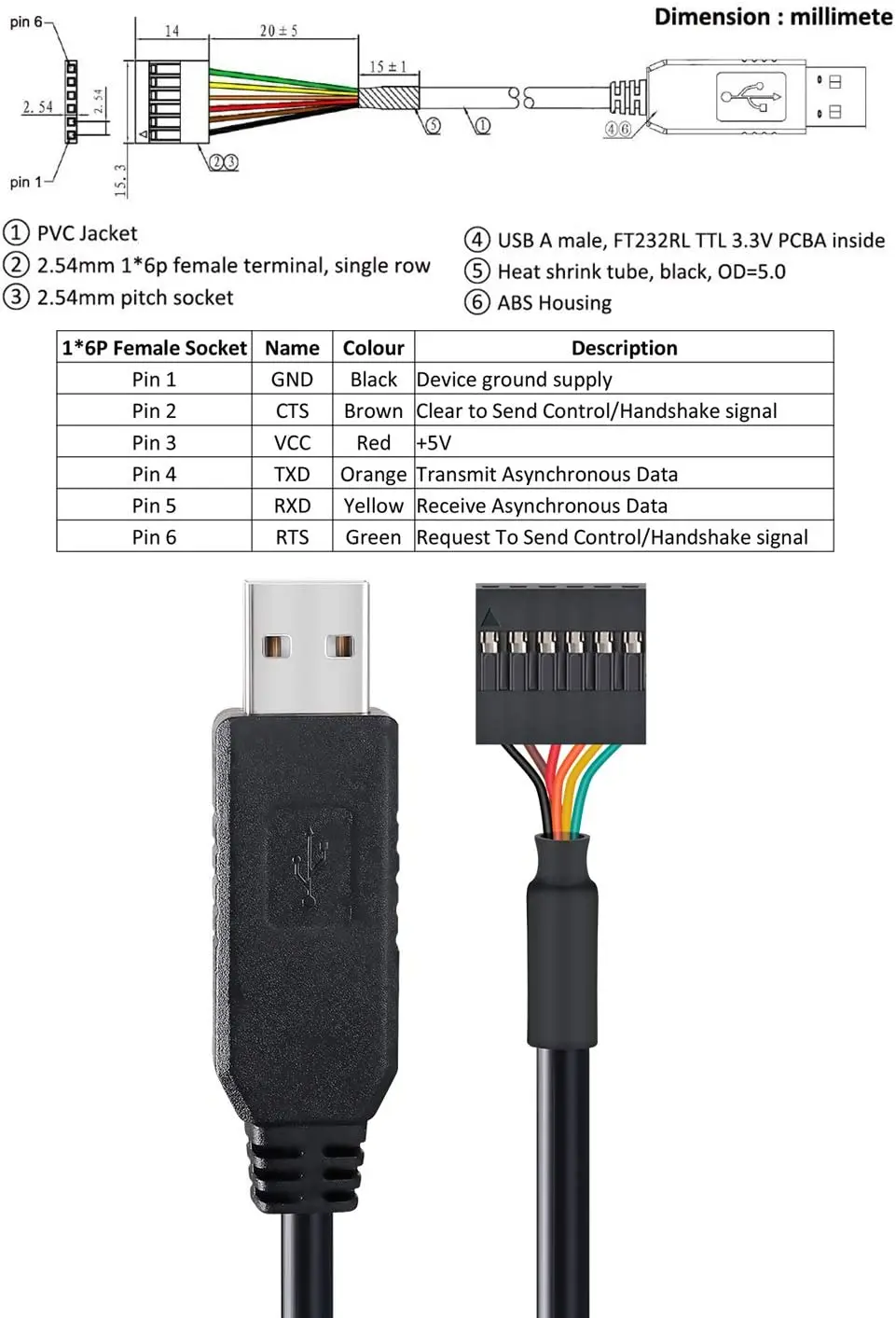 OEM USB to UART cable Supports with 5V 3.3V UART signals