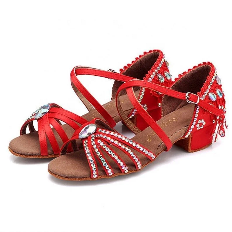 
Children Latin Dance Shoes Diamond Girls Performing Soft Soles Satin Sandals Modern Salsa Dancing 